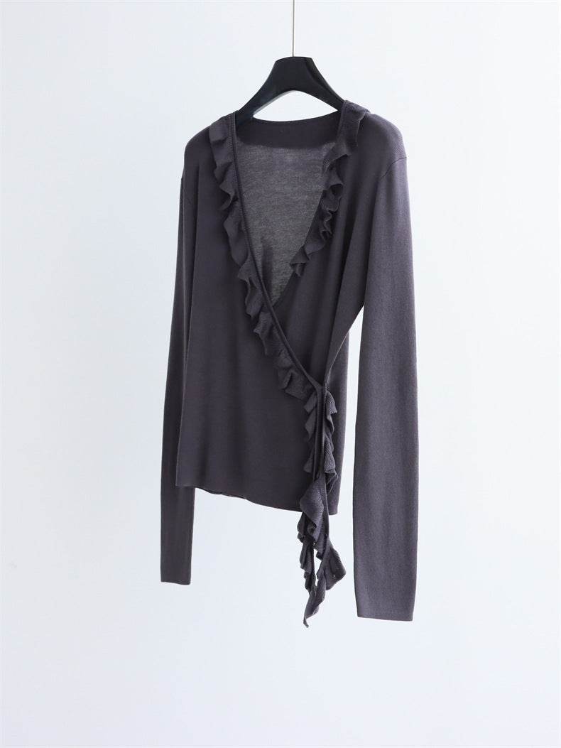 סריג עטיפה שחור עם עיטור רך - Nessiha