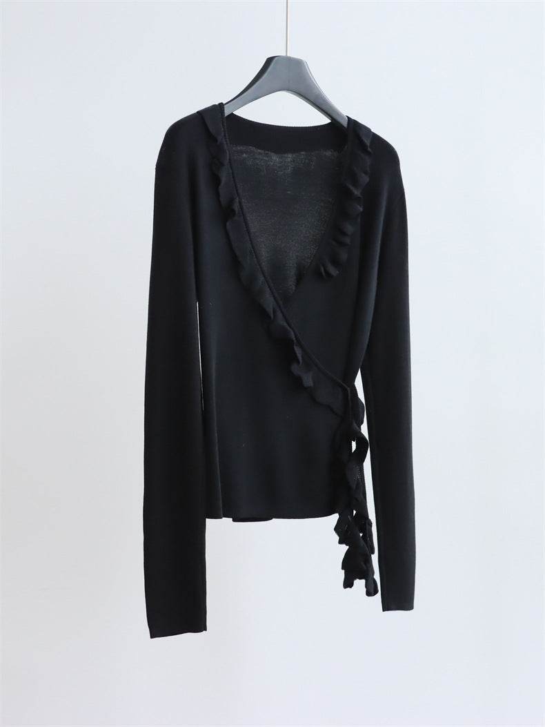 סריג עטיפה שחור עם עיטור רך - Nessiha